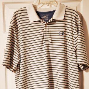 White Under Armour XL Loose Heat gear Blue White Black Striped Polo Shirt